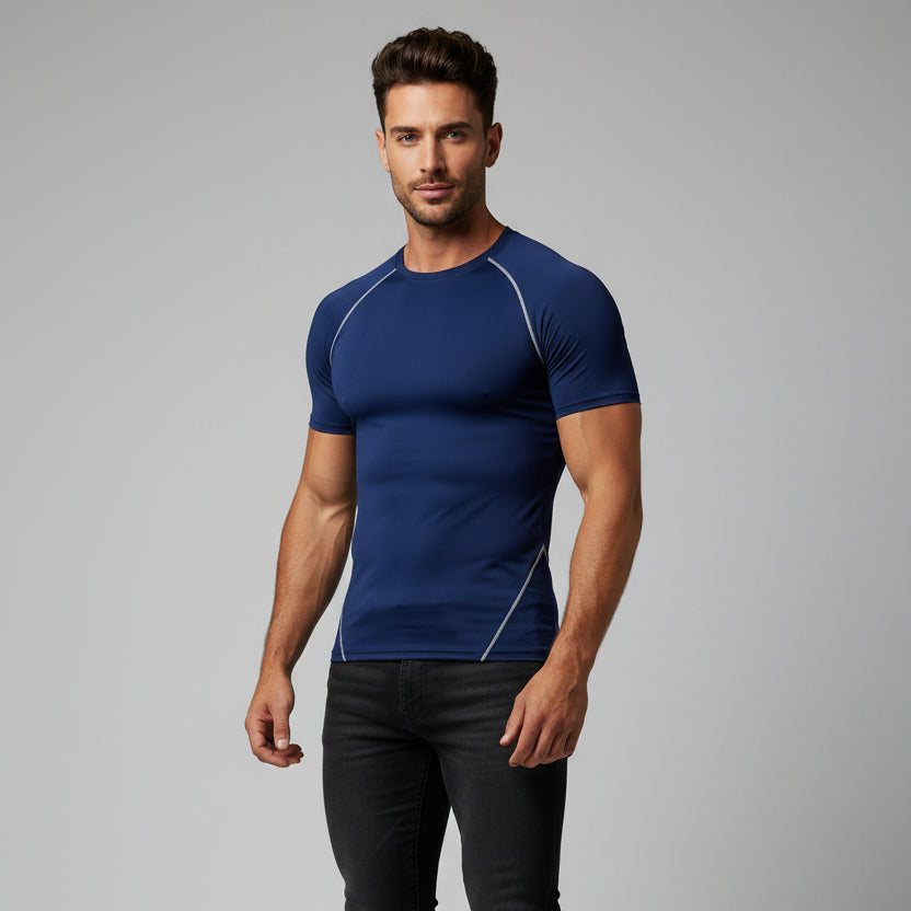 Men's royal blue compression performance top with lightweight stretch fabric and athletic fit - AresFit