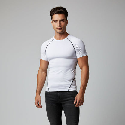 Men's white compression performance top with breathable fabric and lightweight athletic fit - AresFit