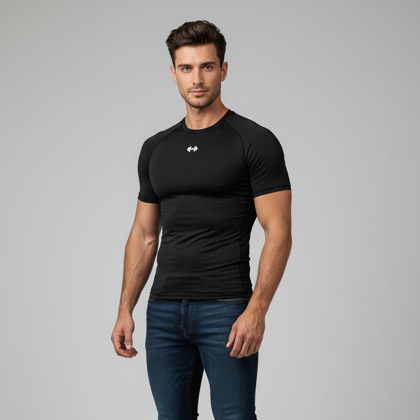 Men's black compression training t-shirt with breathable quick dry fabric and performance fit - AresFit