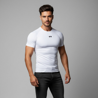 Men's white compression training t-shirt with athletic fit and lightweight stretch fabric for gym workouts - AresFit