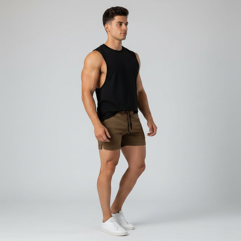 Men's Cotton Gym Shorts with Pockets in Khaki - AresFit