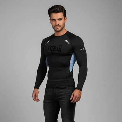 Men's black Everlast long sleeve compression workout shirt with blue side panels and athletic fit - AresFit