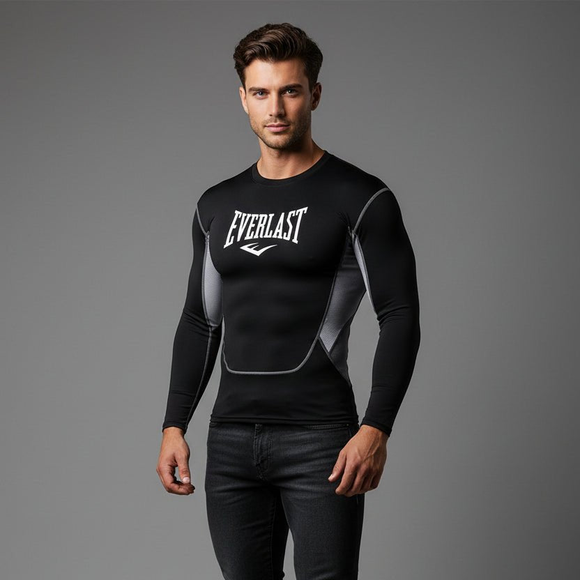 Men's black Everlast long sleeve compression gym t-shirt with grey side panels and moisture wicking fabric - AresFit