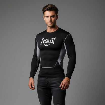 Men's black Everlast long sleeve compression gym t-shirt with grey side panels and moisture wicking fabric - AresFit