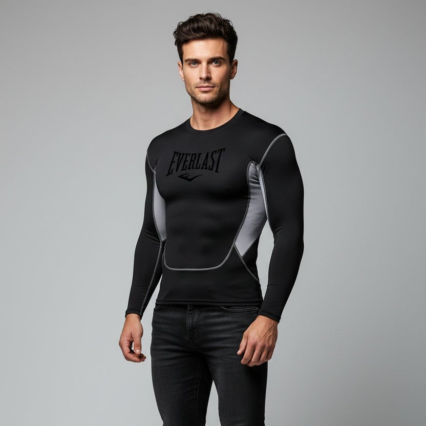 Men's black Everlast long sleeve compression gym t-shirt with grey panels and stretch performance fabric - AresFit