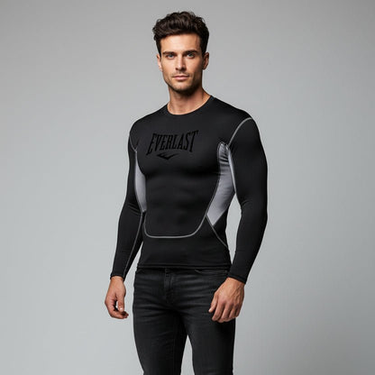Men's black Everlast long sleeve compression gym t-shirt with grey panels and stretch performance fabric - AresFit