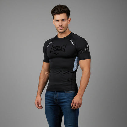 Men's black Everlast compression workout shirt with grey side panels and stretch performance fit - AresFit