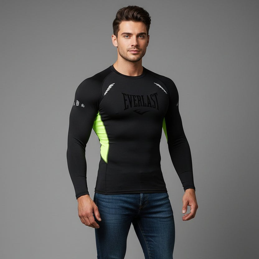 Men's black Everlast long sleeve compression gym t-shirt with neon side panels and stretch performance fabric - AresFit