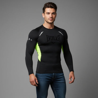 Men's black Everlast long sleeve compression gym t-shirt with neon side panels and stretch performance fabric - AresFit