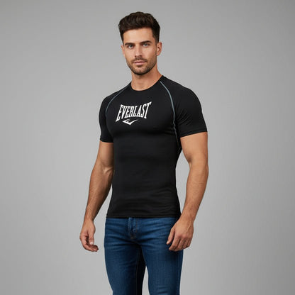 Men's black Everlast compression gym t-shirt with contrast piping and lightweight stretch fabric - AresFit
