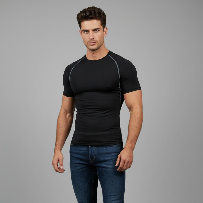 Men's black compression gym t-shirt with athletic fit and moisture wicking performance fabric - AresFit