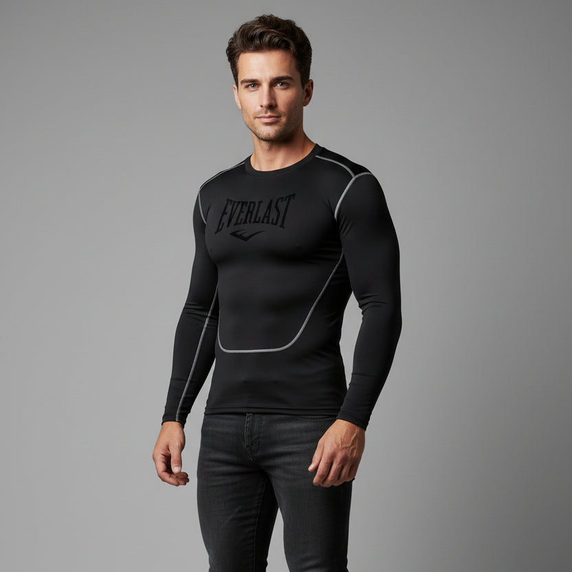 Men's black Everlast long sleeve compression workout shirt with stretch athletic fit - AresFit
