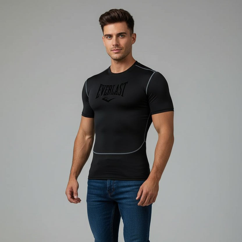 Men's black Everlast compression gym t-shirt with tonal logo and moisture wicking fabric - AresFit