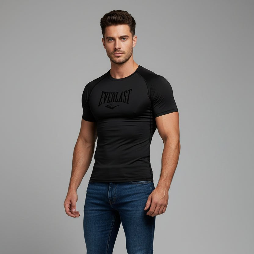 Men's black Everlast compression gym t-shirt with tonal logo and athletic training fit - AresFit