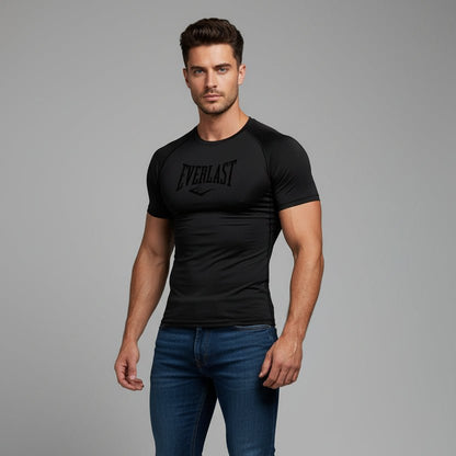 Men's black Everlast compression gym t-shirt with tonal logo and athletic training fit - AresFit