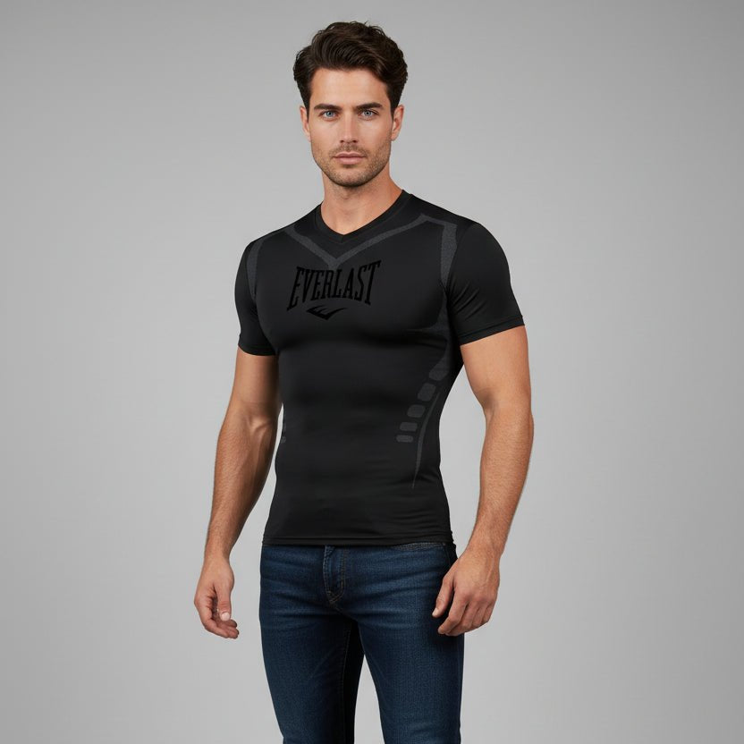 Men's black Everlast compression gym t-shirt with V neck performance design and athletic fit - AresFit