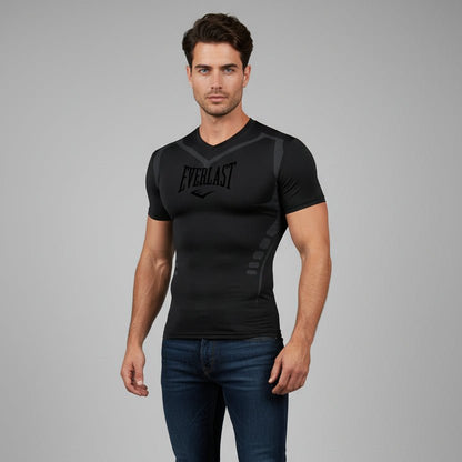 Men's black Everlast compression gym t-shirt with V neck performance design and athletic fit - AresFit
