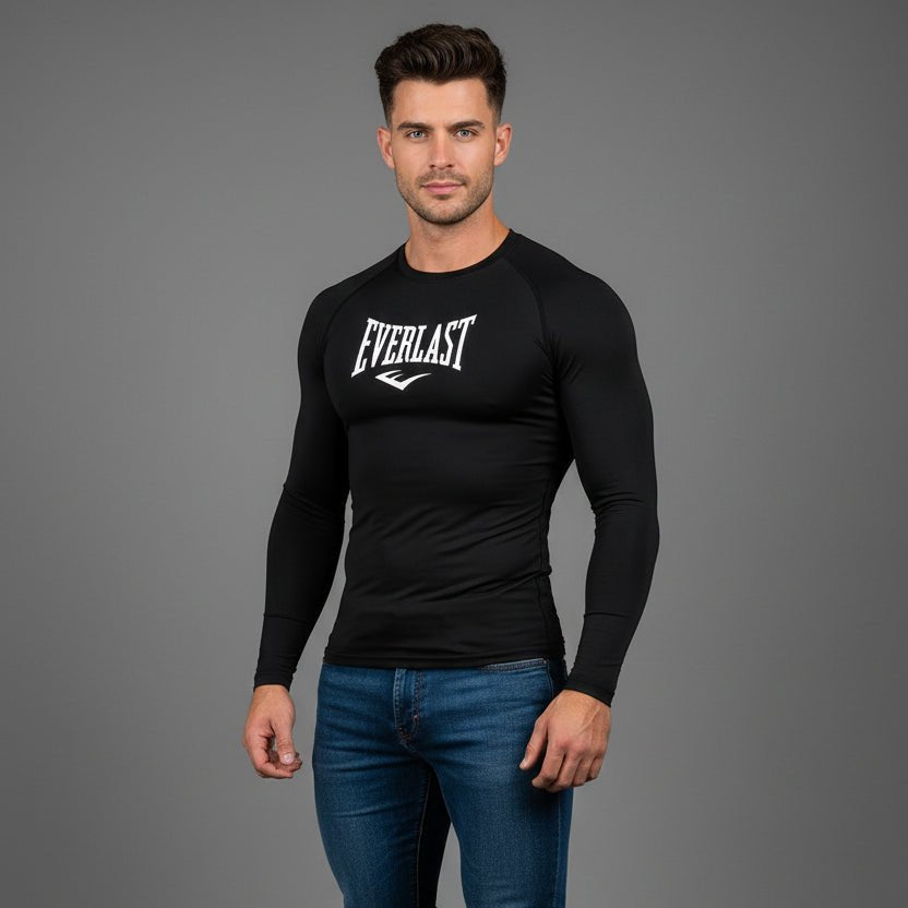 Men's black Everlast long sleeve compression workout shirt with white logo and training fit - AresFit