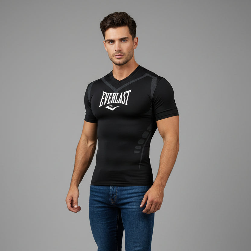 Men's black Everlast compression workout t-shirt with white logo and performance fit - AresFit