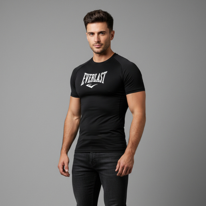 Men's black Everlast compression gym t-shirt with white logo and athletic performance fit - AresFit