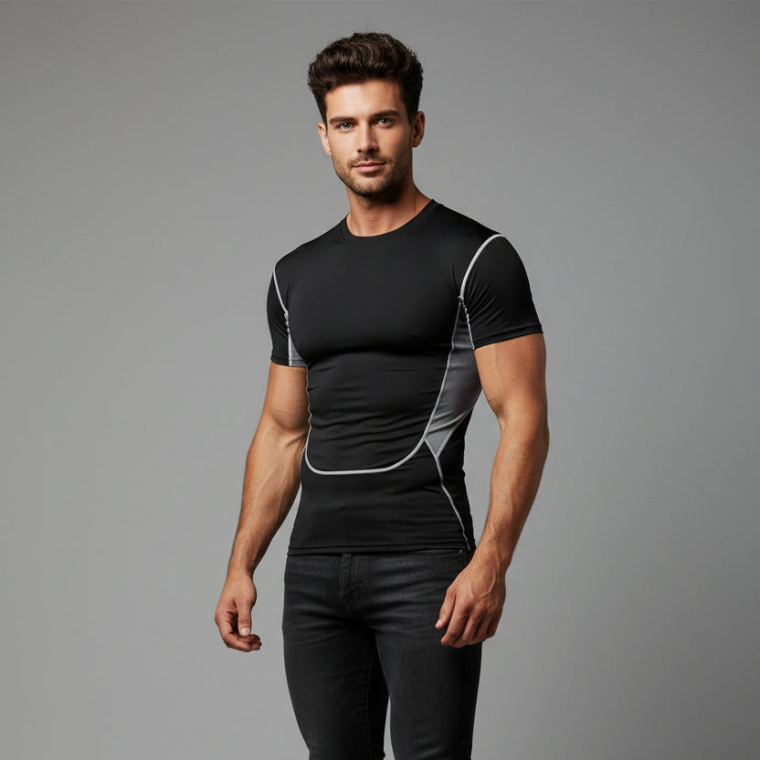 Men's black compression workout shirt with grey side panels and athletic training fit - AresFit