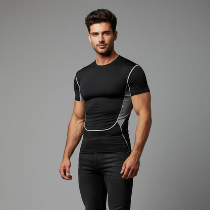 Men's black compression workout shirt with grey side panels and athletic training fit - AresFit