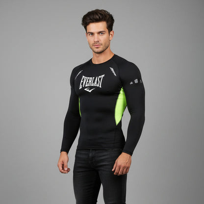 Men's black Everlast long sleeve compression workout shirt with neon green side panels and compression fit - AresFit