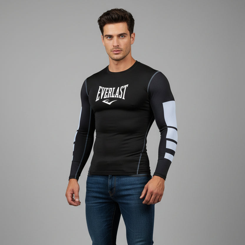 Men's black Everlast long sleeve compression gym t-shirt with white arm panels and athletic performance fit - AresFit