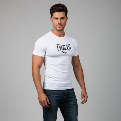 Men's white Everlast compression gym t-shirt with black logo and compression fit - AresFit