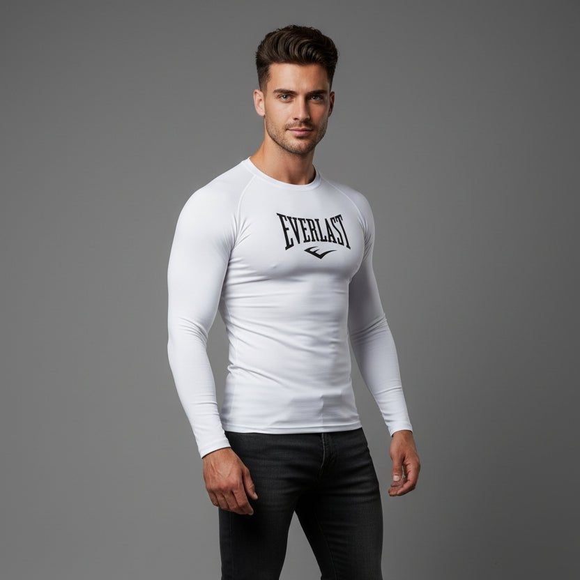 Men's white Everlast long sleeve compression gym t-shirt with breathable athletic fit - AresFit