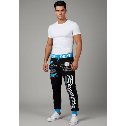 Men's Graphic Athletic Joggers in Black and Blue Panel Style - AresFit