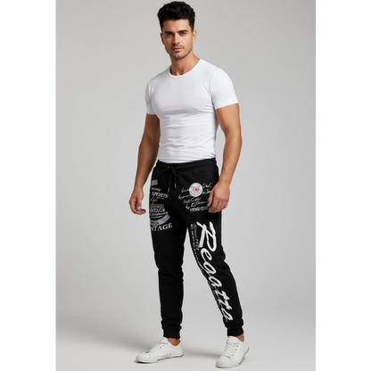 Men's Graphic Athletic Joggers in Black and White Script Style - AresFit