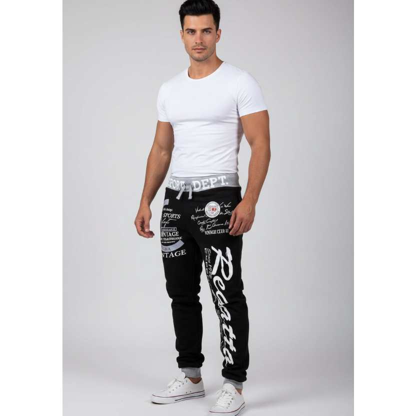 Men's Graphic Athletic Joggers in Black, White and Grey Script Style - AresFit