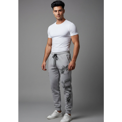 Men's Graphic Joggers with Dragon Print in Light Grey - AresFit
