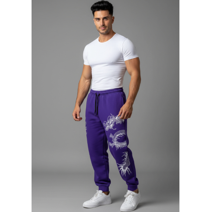 Men's Graphic Joggers with Dragon Print in Purple - AresFit