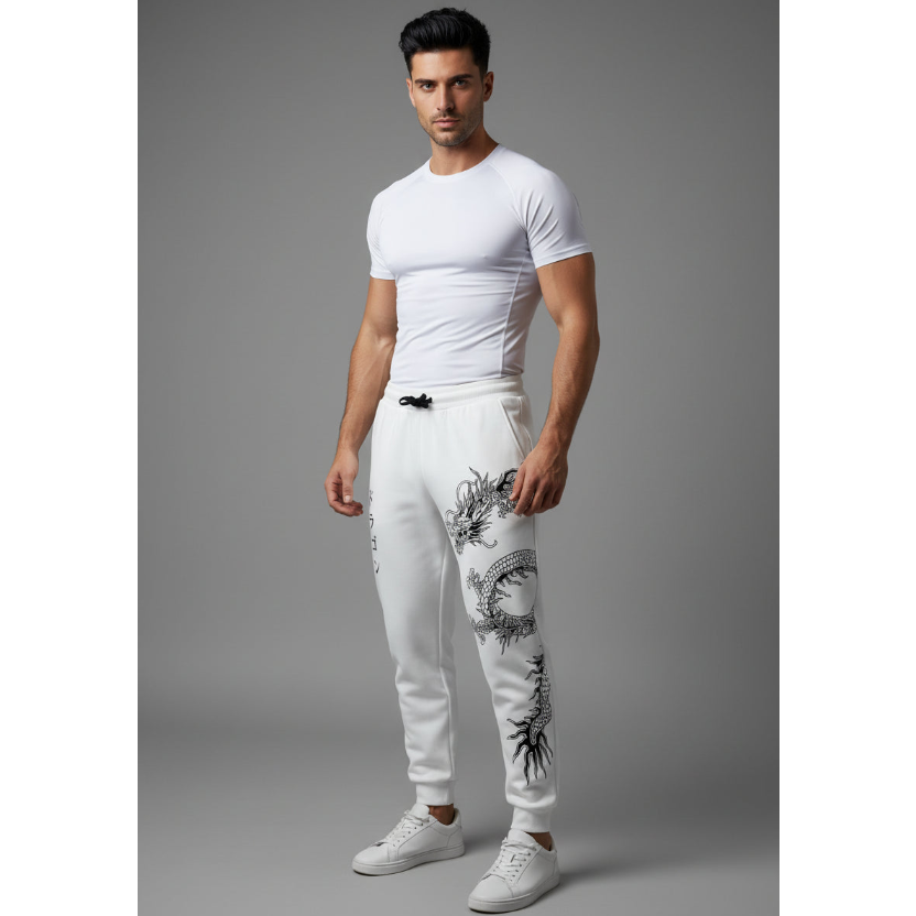 Men's Graphic Joggers with Dragon Print in White - AresFit