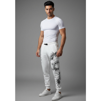 Men's Graphic Joggers with Dragon Print in White - AresFit