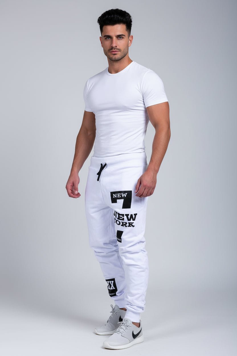 Men’s graphic print joggers in white with black print - AresFit