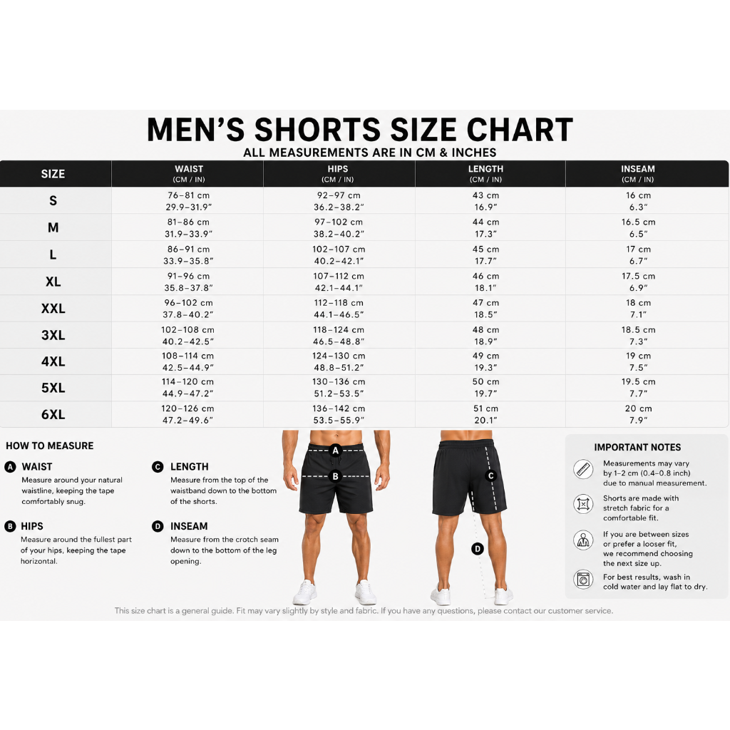 Men's Gym Shorts Size Chart and Measurement Guide - AresFit