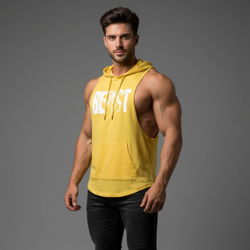 Men wearing grey hooded bodybuilding tank top with Mini Animal print white text - AresFit