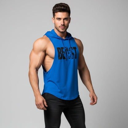Men wearing black hooded bodybuilding tank top with Animal print white text - AresFit