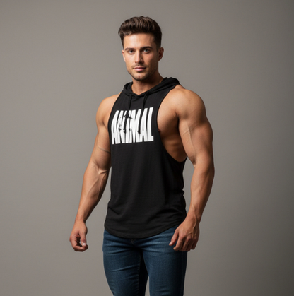 Men wearing black hooded bodybuilding tank top with Beast print - AresFit