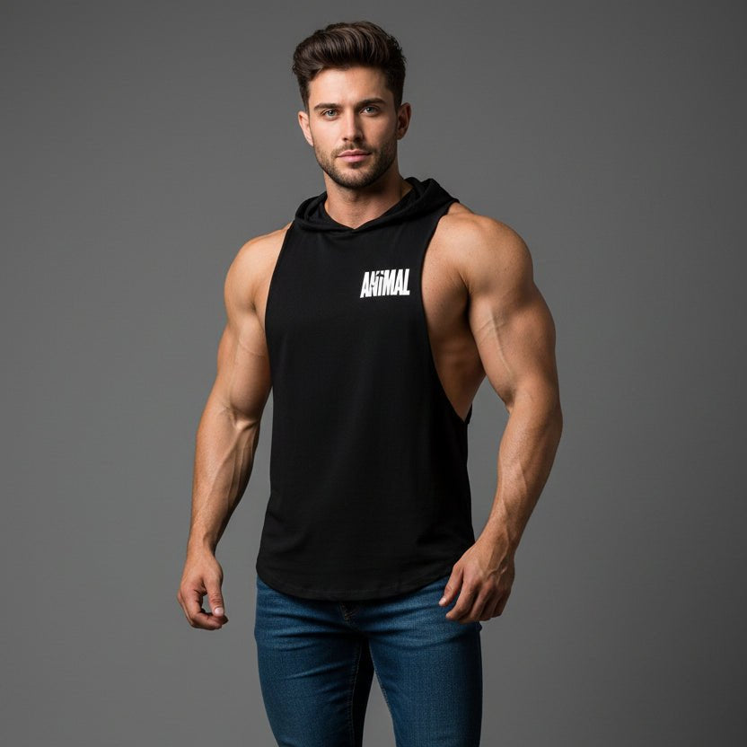 Men wearing black hooded bodybuilding tank top with Mini Animal print white text - AresFit