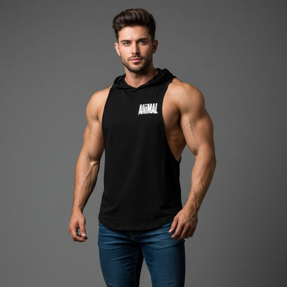 Men wearing black hooded bodybuilding tank top with Mini Animal print white text - AresFit