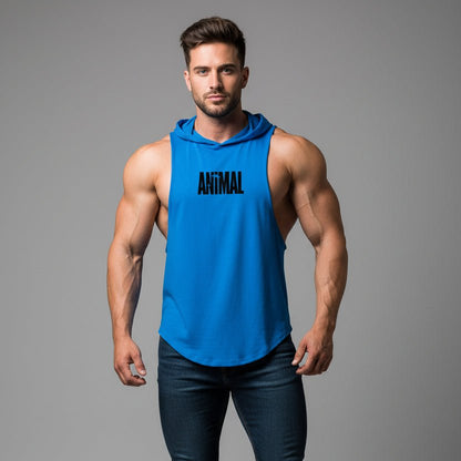 Men wearing blue hooded bodybuilding tank top with Animal print - AresFit