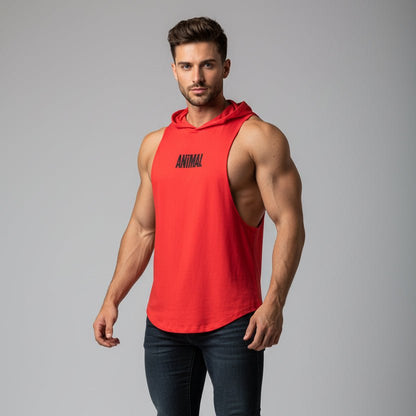 Men wearing blue hooded bodybuilding tank top with Beast print black text - AresFit