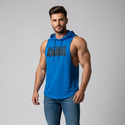 Men wearing blue hooded bodybuilding tank top with Beast print - AresFit