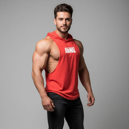 Men wearing blue hooded bodybuilding tank top with Mini Animal print - AresFit