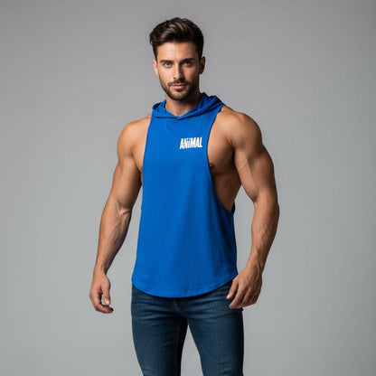 Men wearing grey hooded bodybuilding tank top with Beast print black text - AresFit