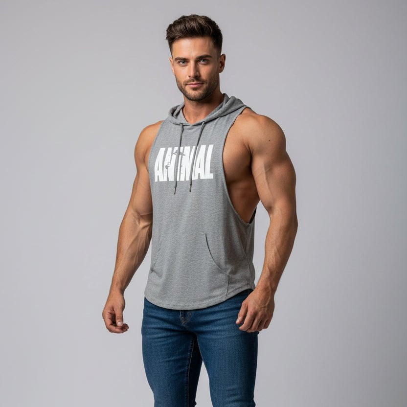 Men wearing grey hooded bodybuilding tank top with Beast print - AresFit